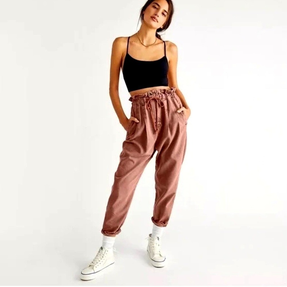 Free People Margate Pleated Trouser Pants Dusty Rose Paperbag Waist Drawstring S
